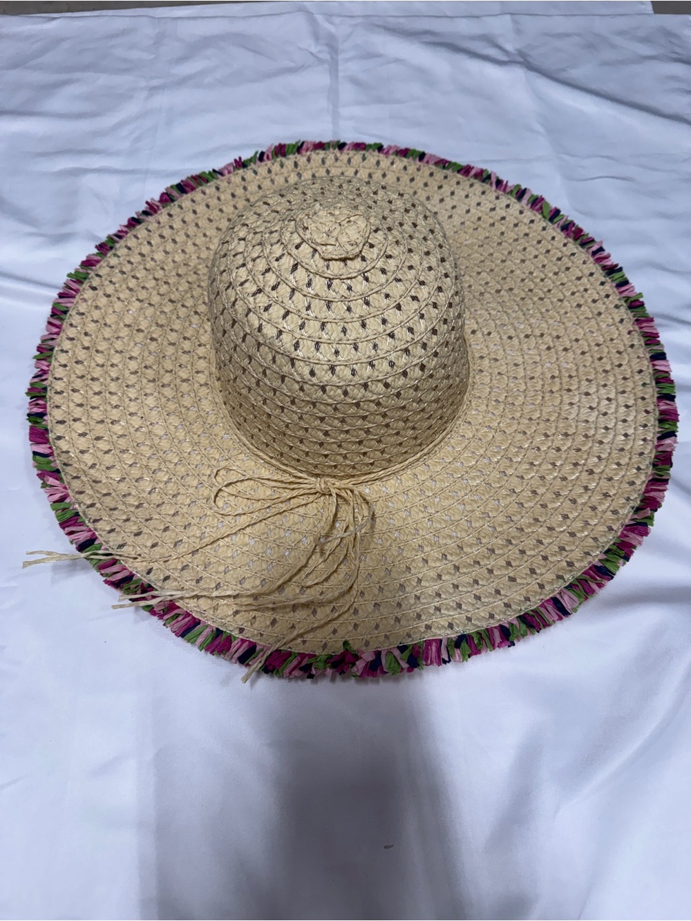 Straw Wide Brim Sun Hat with Pink & Green Trim